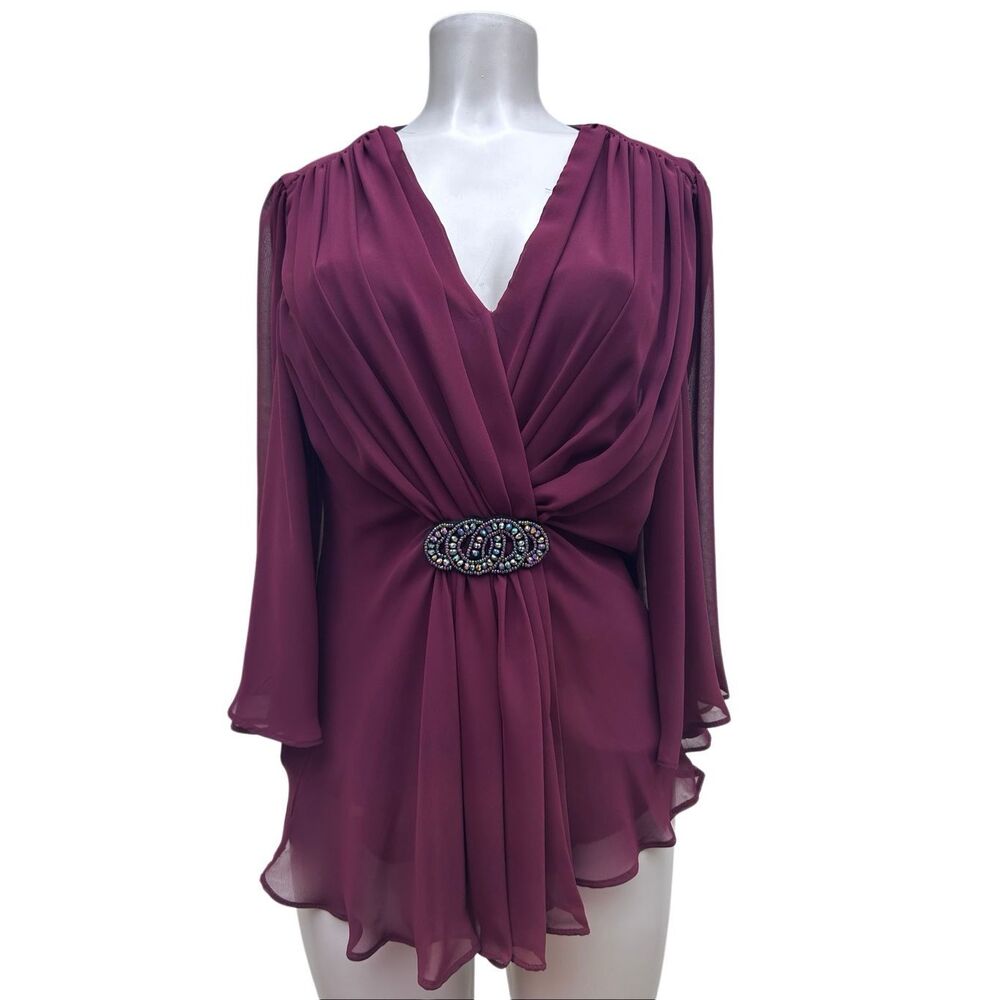 NWOT DressBarn Collection Dressy Blouse Womens Sz 8 Burgundy Draped Bell Sleeves